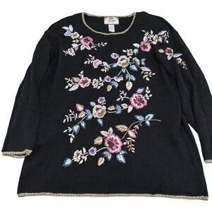 Tiara Sweater Women 18-20 2XL Black Pink Multi 3D Floral Cotton Ramie 80s‎ VTG